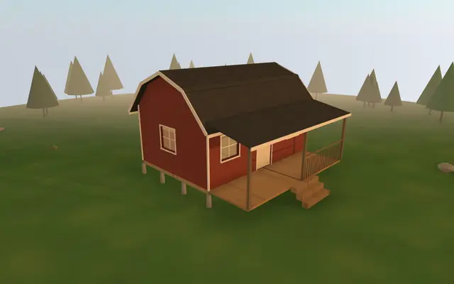 3D render of the 14×20 Gambrel Cabin from the cabin builder