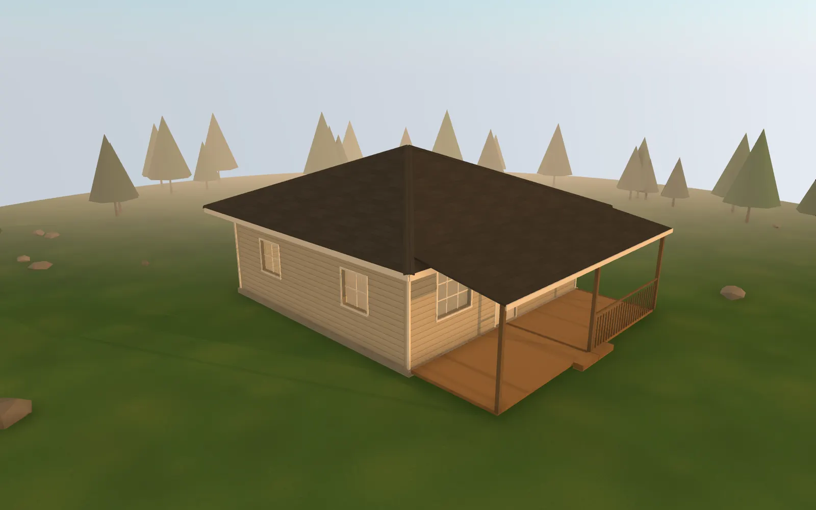 3D render of the 24×24 Hip Roof Cabin at golden hour, seen from the front corner